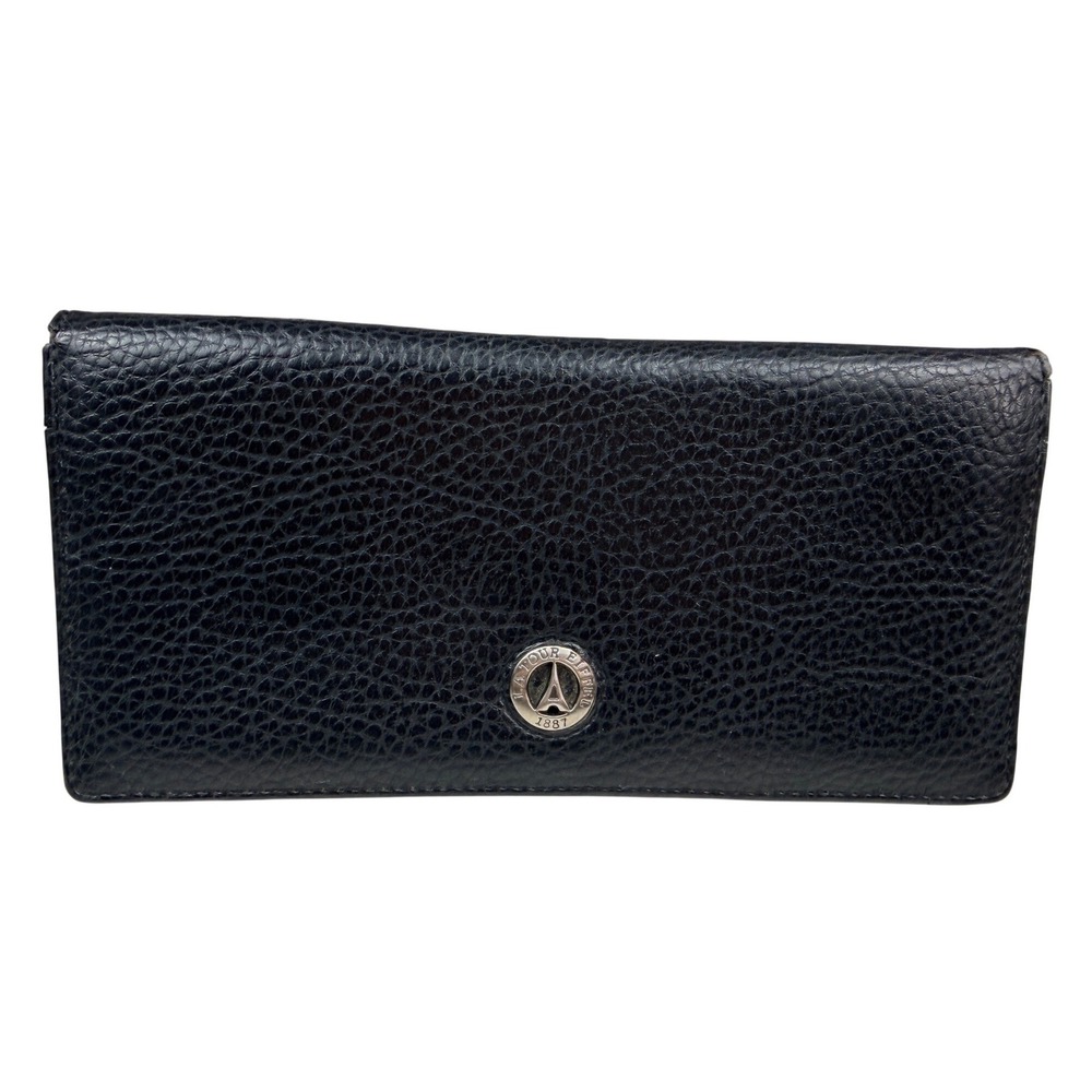 La Tour Eiffel Paris Black Pebbled Genuine Leather Long Bifold Wallet Womens